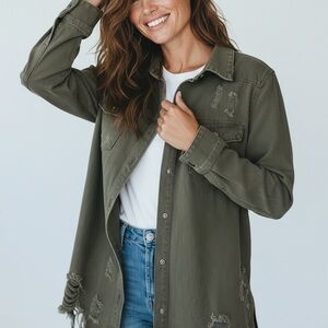 American Bazi Women Olive Green Distressed Denim Button-Up Shacket Jacket L